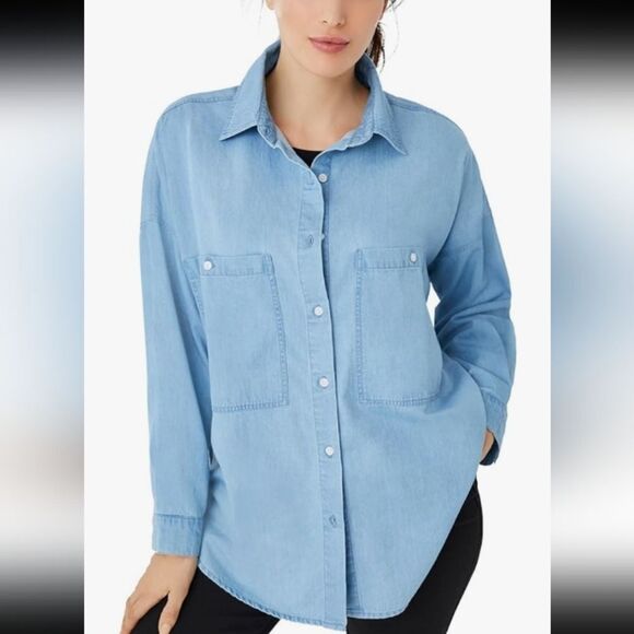 Ellos light wash denim shirt oversized fit button down top blue 3x 30/21 casual - Picture 1 of 7